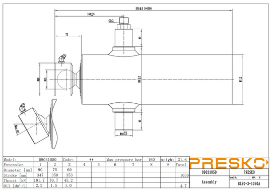 Cylinder PRESKO 9031050 under-bed lift with a 1050mm stroke, three-section design, 6-metric-ton capacity, chrome-plated sections.