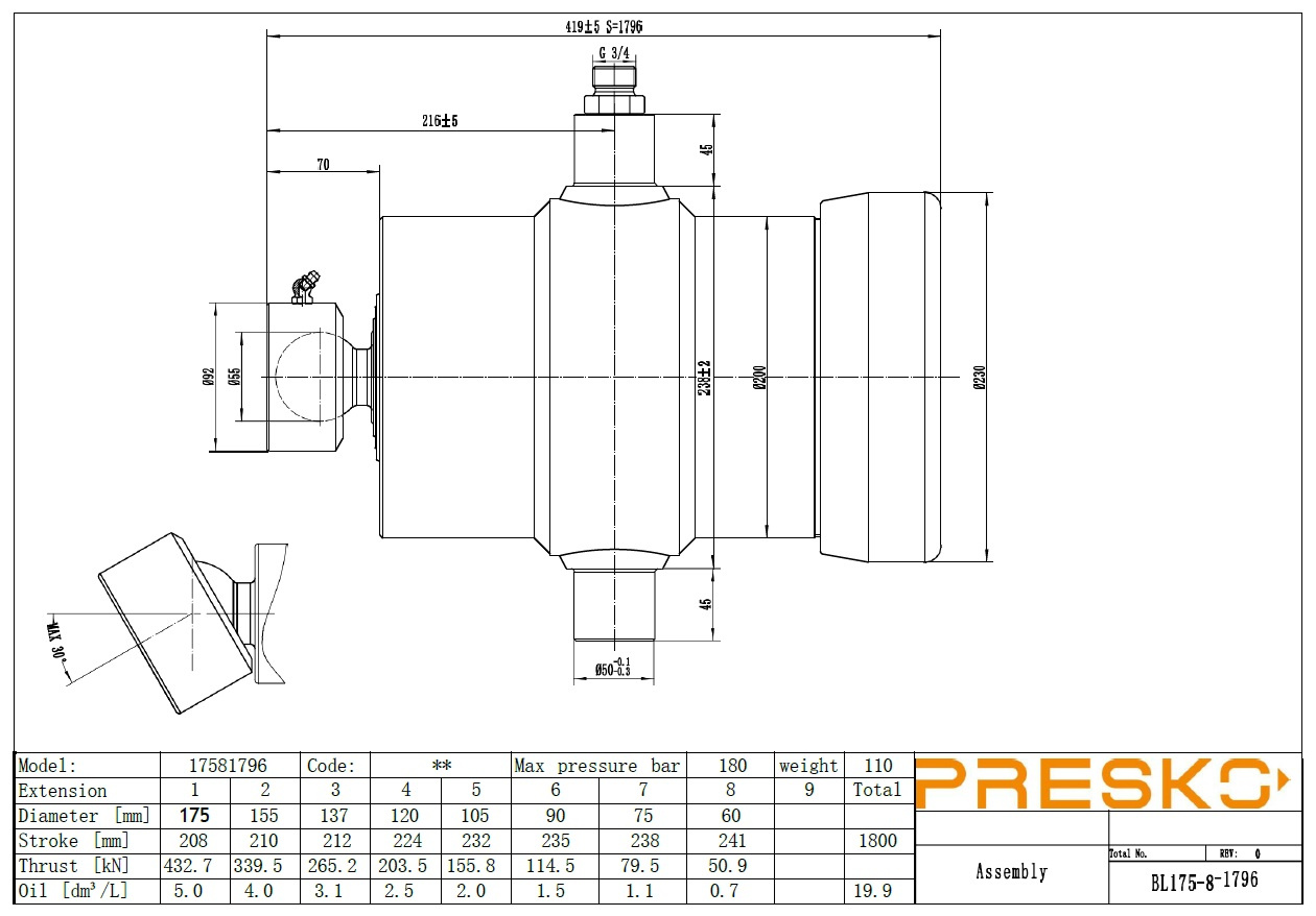Siłownik podskrzyniowy PRESKO o wysuwie 1796mm, ośmioczłonowy, udźwig 18 ton, chromowane sekcje.