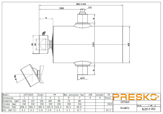 Unterflurzylinder fünfteilig PRESKO mit 1435 mm Verlängerung, 12 Tonnen Tragfähigkeit, verchromte Profile.