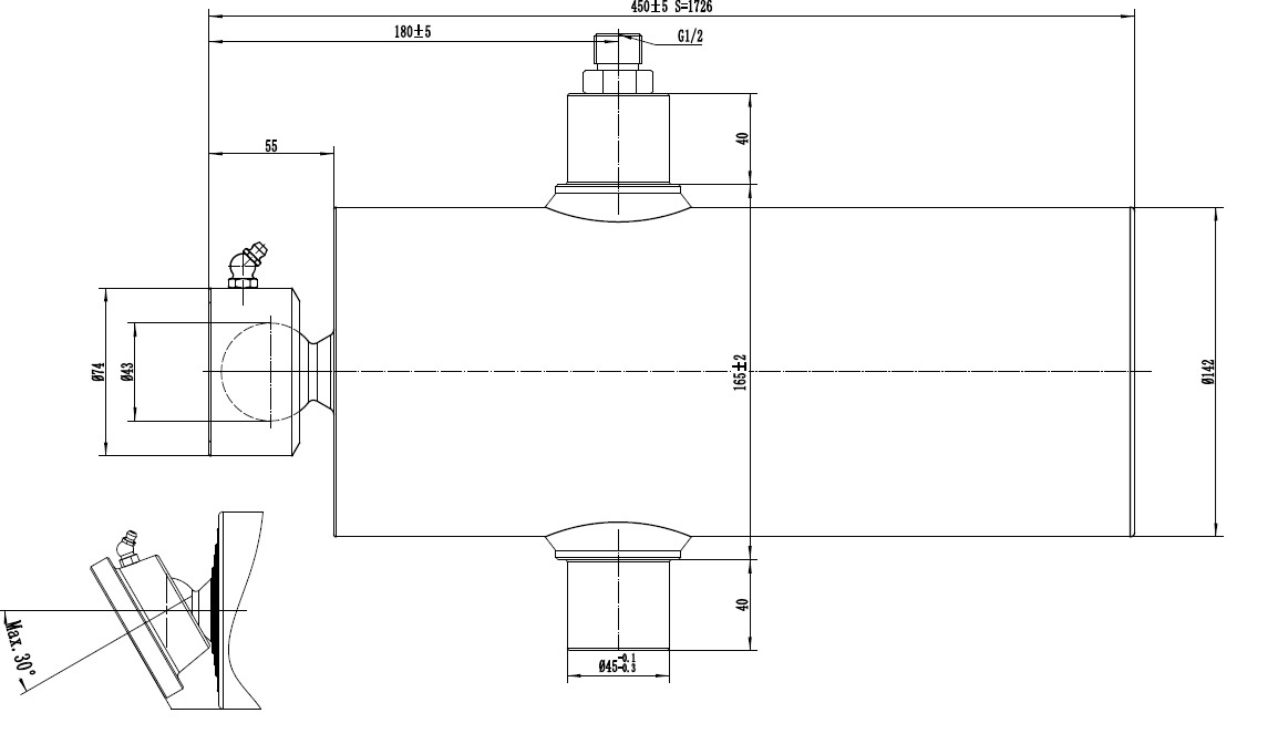 Unterflurzylinder fünfteilig PRESKO mit 1435 mm Verlängerung, 12 Tonnen Tragfähigkeit, verchromte Profile.