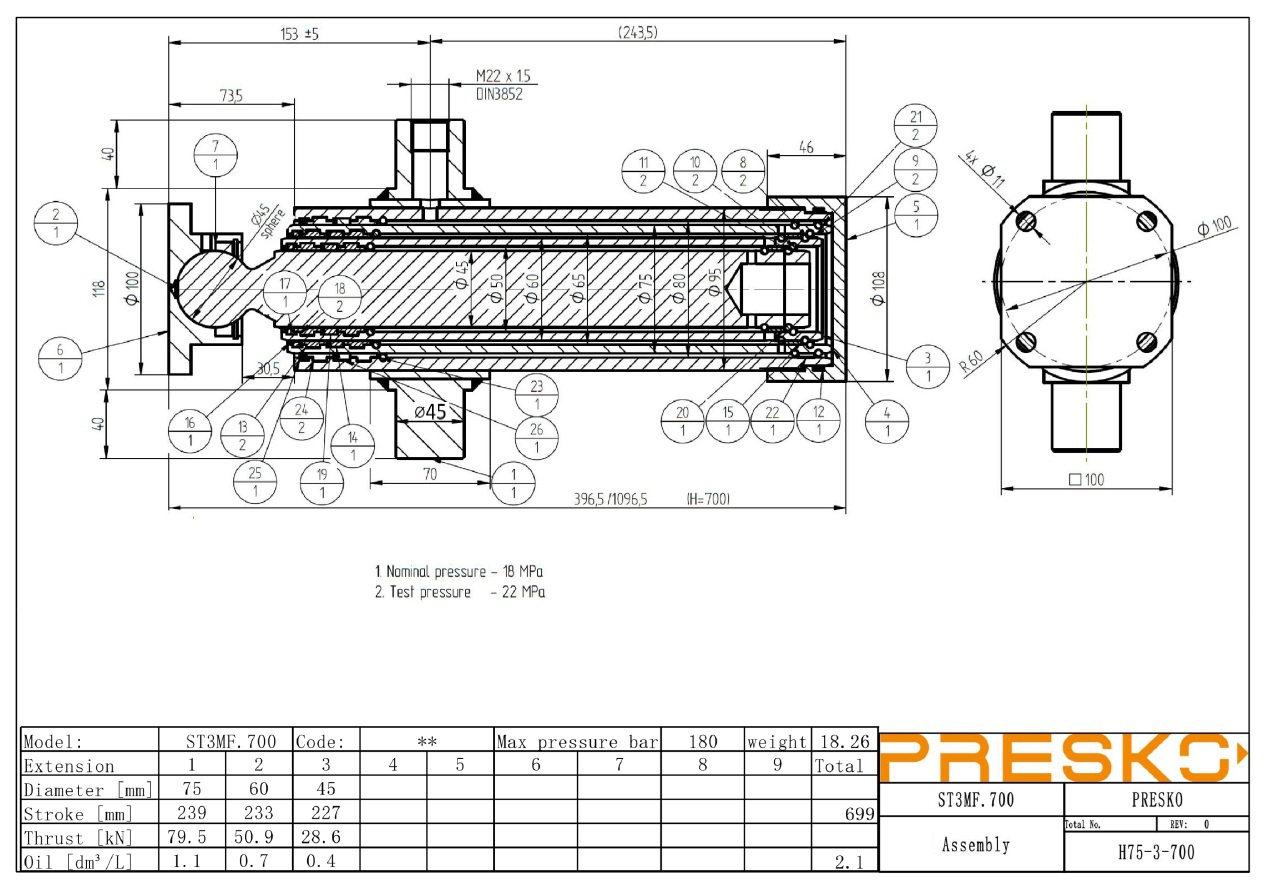 Siłownik Hydrauliczny PRESKO 700 mm przyczepa, wywrotka 3 tony, chromowany.