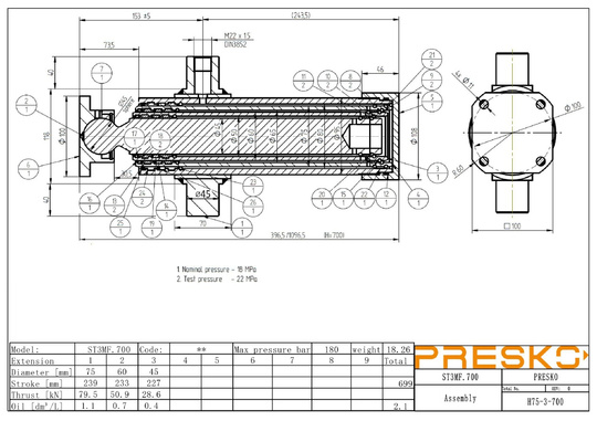 Siłownik Hydrauliczny PRESKO 700 mm przyczepa, wywrotka 3 tony, chromowany.