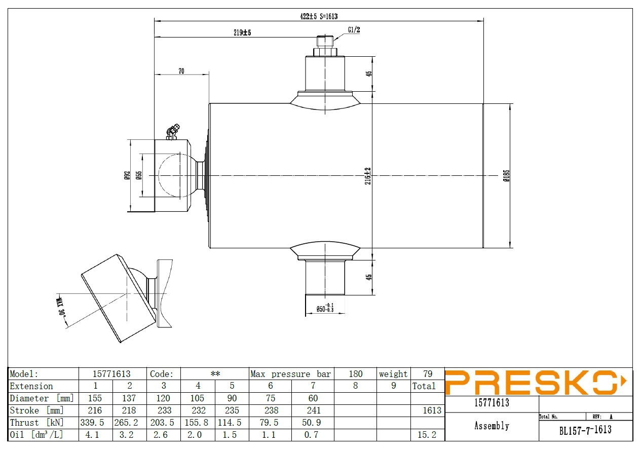 Unterflurzylinder fünfteilig PRESKO mit 1435 mm Verlängerung, 12 Tonnen Tragfähigkeit, verchromte Profile.