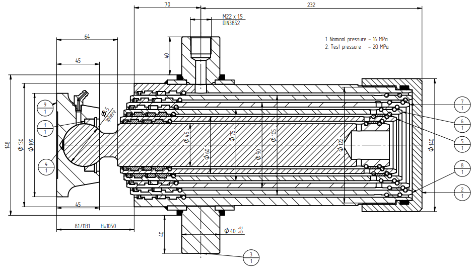 hydraulikzylinder Zylinder PRESKO 1050mm mit Beschlägen