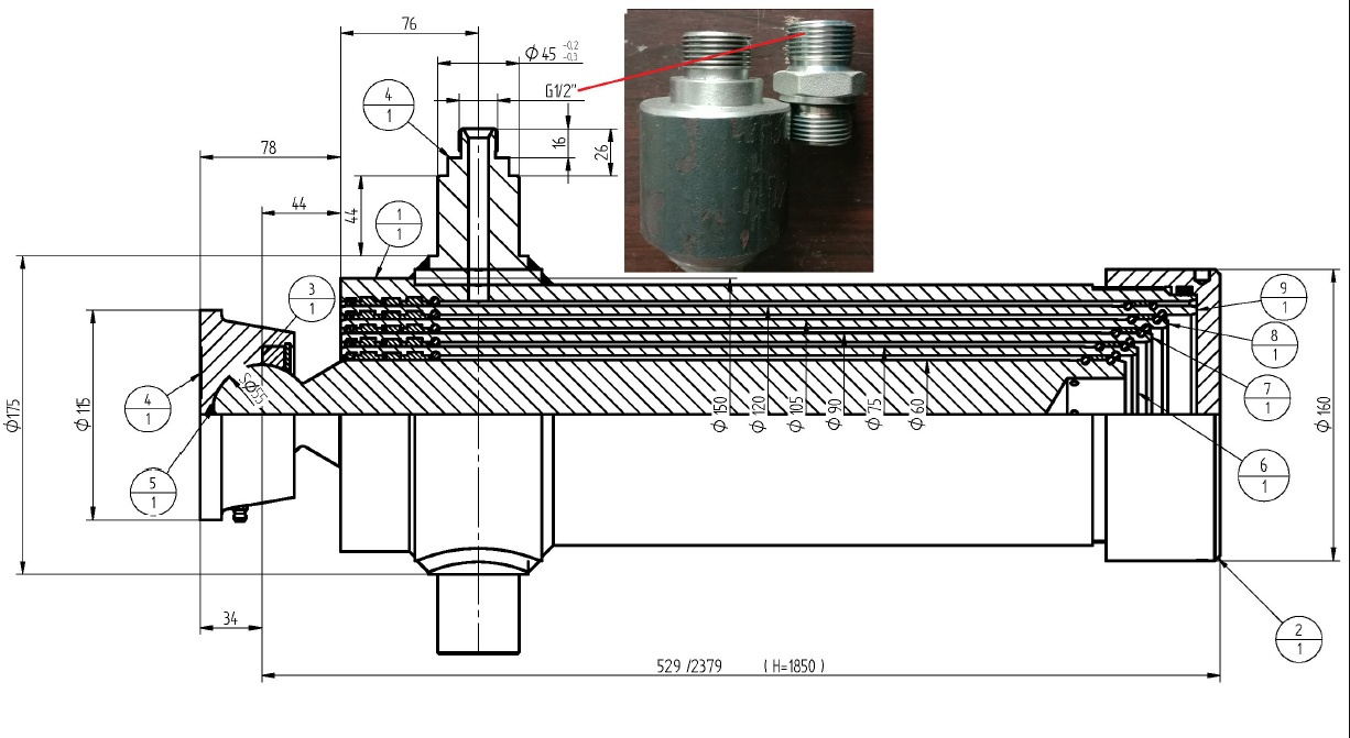 Unterflurzylinder fünfteilig PRESKO mit 1435 mm Verlängerung, 12 Tonnen Tragfähigkeit, verchromte Profile.