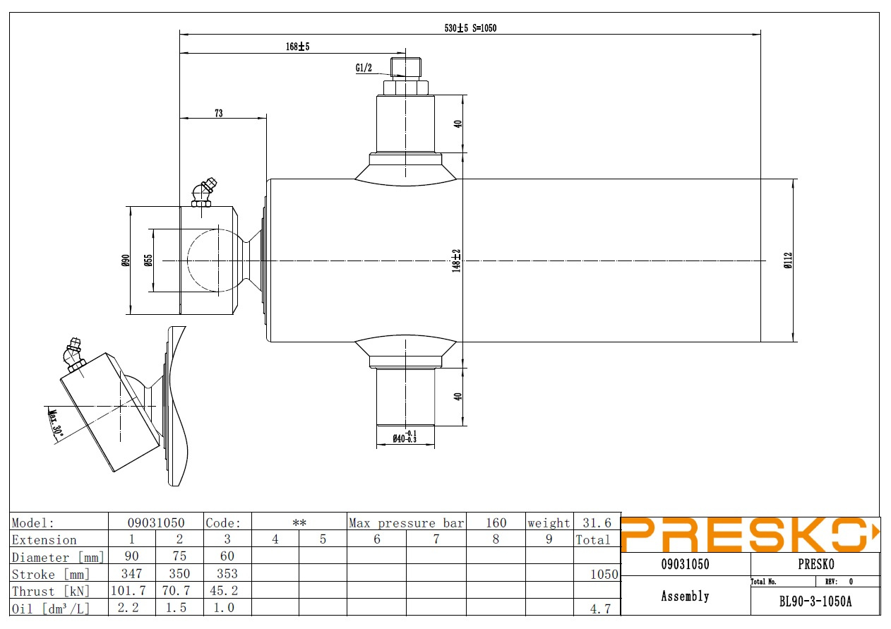 Siłownik hydrauliczny podskrzyniowy PRESKO 9031050 o wysuwie 1050mm, trzyczłonowy, udźwig 6 ton, chromowane sekcje.