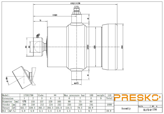 Siłownik podskrzyniowy PRESKO o wysuwie 1796mm, ośmioczłonowy, udźwig 18 ton, chromowane sekcje.
