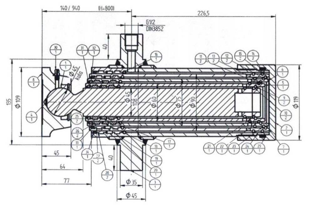 Underbody Cylinder PRESKO with 800mm extension, 4-stages.