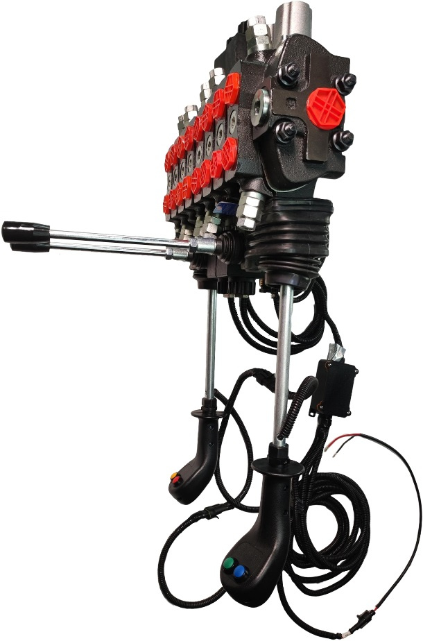 Rozdzielacz hydrauliczny 8-sekcyjny, 2 sekcje elektryczne 12V, 90l, 2 joysticki 4-pozycyjne