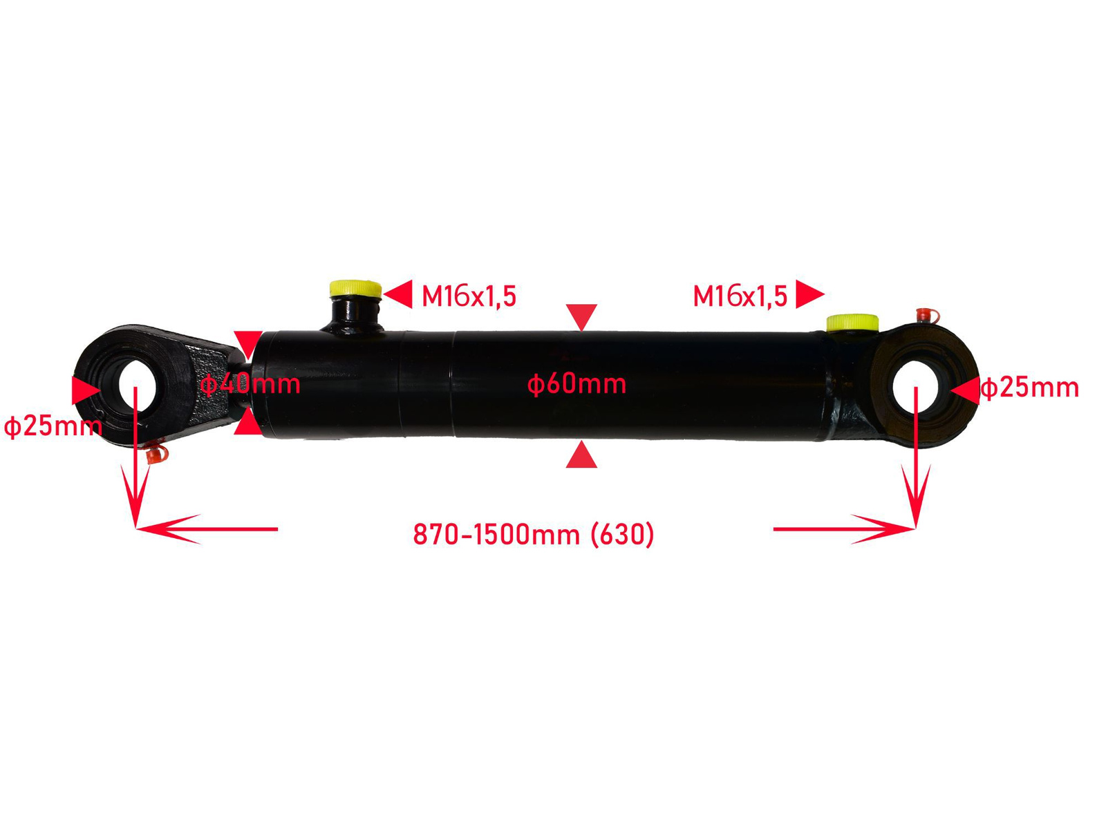 Siłownik hydrauliczny wzmocniony skok 630mm 60/40 dwustronnego + NYPLE