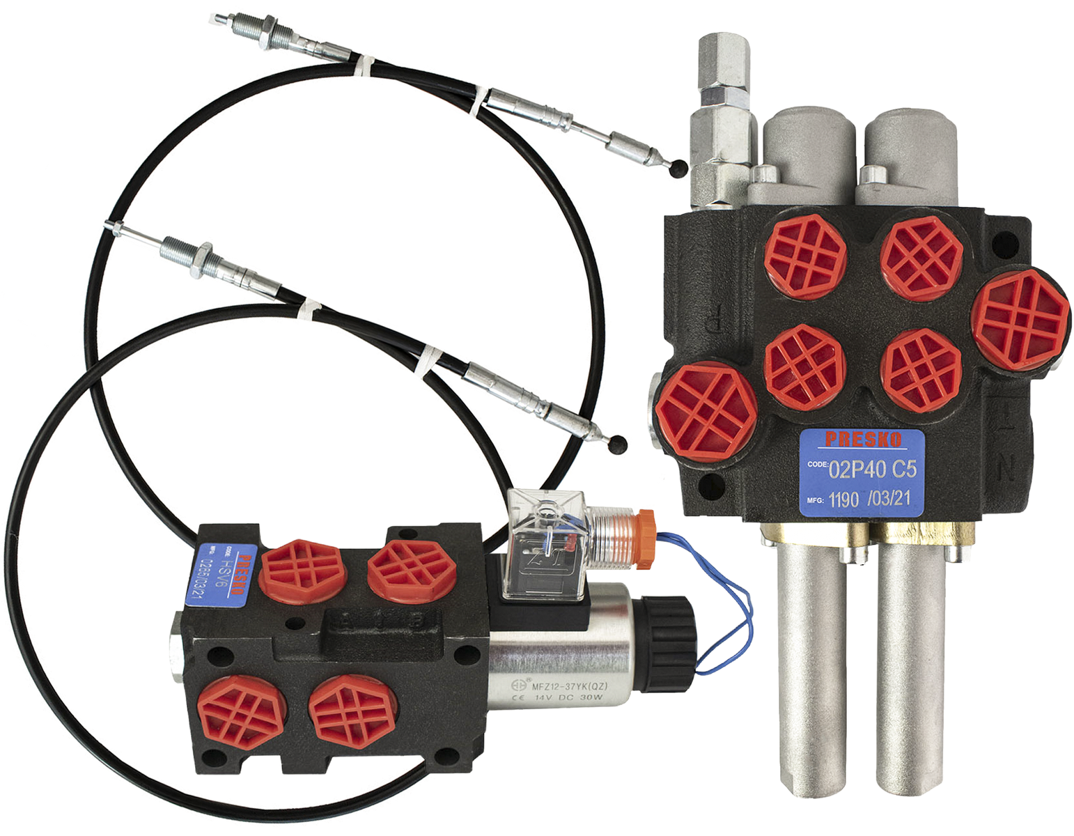 PRESKO Directional  Control Valve, 2-way, 40 l, with cable steering  2x2m  and solenoid valve  