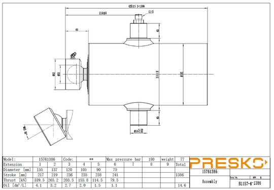 Siłownik podskrzyniowy PRESKO o wysuwie 1386mm, sześcioczłonowy, udźwig 18 ton, chromowane sekcje.