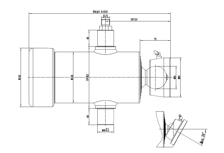 Underbody Cylinder PRESKO with an extension of 1510mm, 4-stages, 10 tons, chrome-plated.