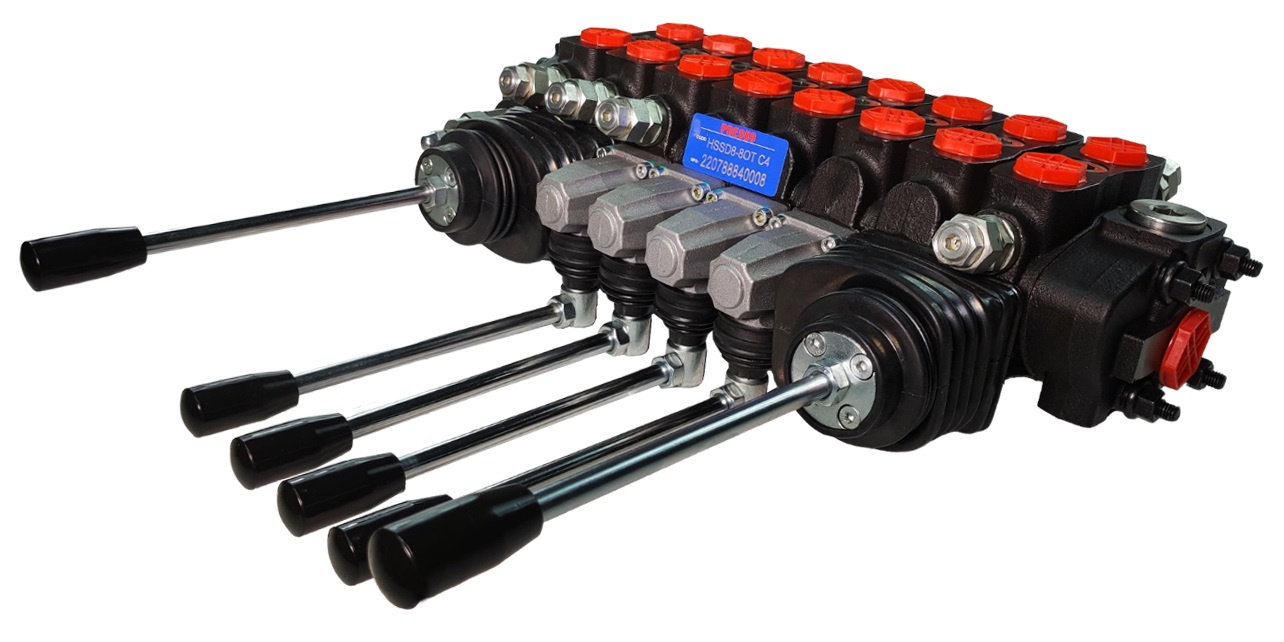 Rozdzielacz hydrauliczny 8-sekcyjny, 90l, 2 joysticki 4-pozycyjne