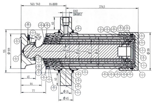 Underbody Cylinder PRESKO with 800mm extension, 4-stages.