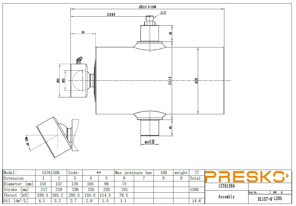 Unterflurzylinder fünfteilig PRESKO mit 1435 mm Verlängerung, 12 Tonnen Tragfähigkeit, verchromte Profile.