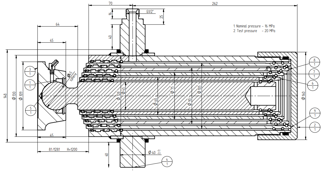 Underbody Cylinder PRESKO, with an extension of 1200mm, five-member.