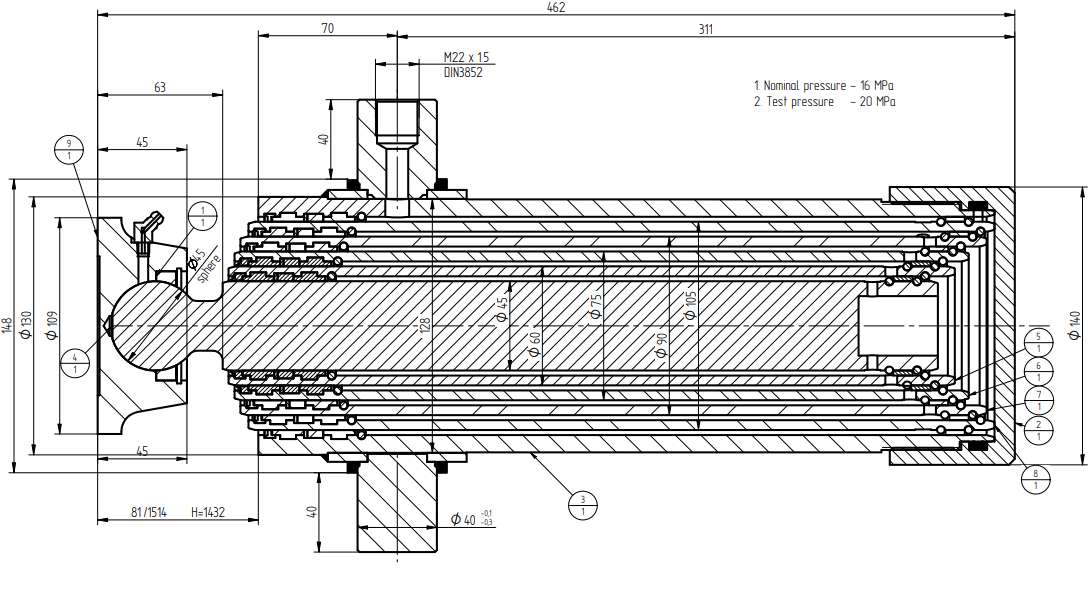 Cylinder siłownik hydrauliczny PRESKO 1432 mm Chromowany